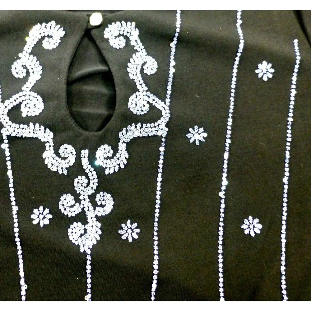 Another Thyme Black & Blue Beaded 3/4 Sleeve Top Scalloped Hem Size 2X USA Made - Picture 3 of 12